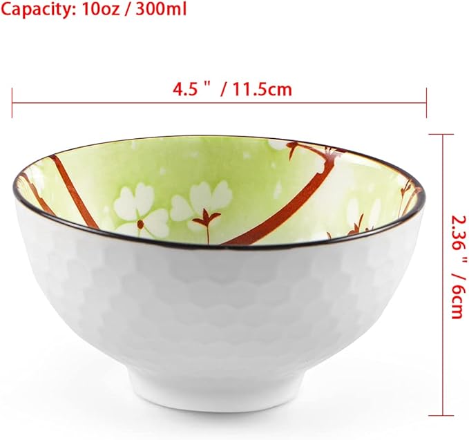 Ceramic Rice Bowls 10 oz, Sakura Bowl Gift Set, Assorted Color Dinnerware Serving Bowls for Rice, Cereal, Noodle, Soup, Desserts, Pack of 6 (Cherry Blossom)