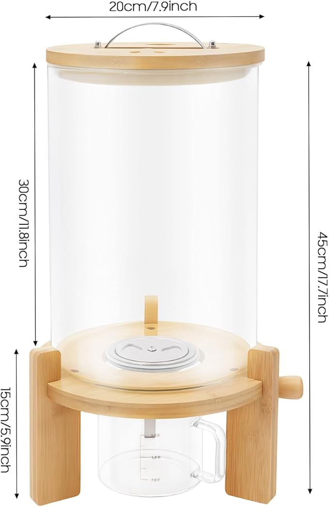 7.5L Glass Rice Dispenser, Cereal Container with Bamboo Stand, Large Airtight Food Storage Bin, Rice Organization Tank with Measuring Cup for Grain Coffee Beans Dry Food