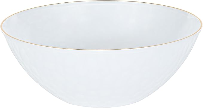 PLASTICPRO 30 Pack 12 Ounce Hammered Plastic Bowls Translucent White with Gold Rim Heavyweight Disposable Plastic Soup Bowls Elegant Translucent Hammered Gold Rim Platsic Party Dishes