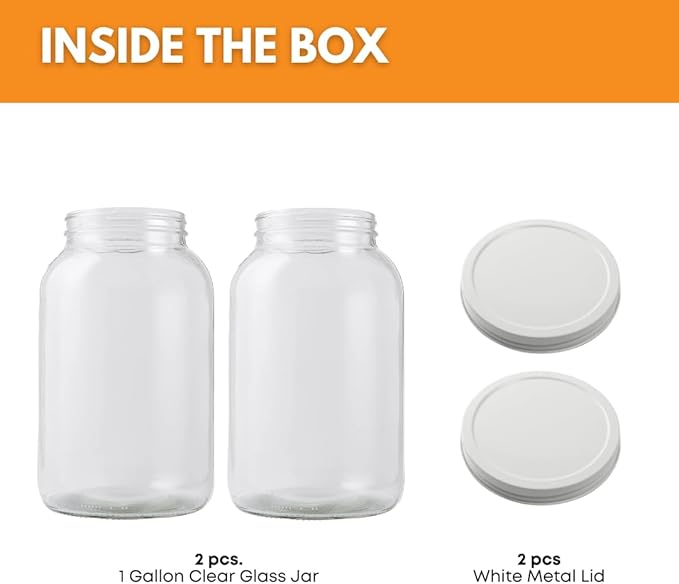 FastRack - 1 Gallon Jar with White METAL Airtight Lid (Pack of 2) | Glass Canisters with Airtight Lids | Large Glass Jar with Fermentation Lid for brewing, fermentation and pickling