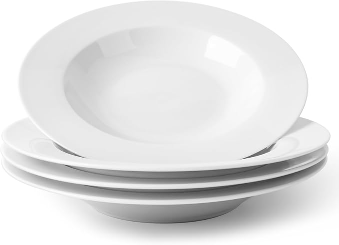 DOWAN Soup and Pasta Bowls Set of 4, White Porcelain Wide Rim Salad Plates, 8 Ounces Pasta Plate, Microwave & Dishwasher Safe