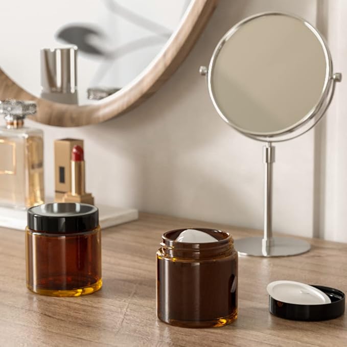 Small Glass Containers with Lids, Tecohouse 4 oz Glass Jars with Black Lids & Inner Liners,Blue and Amber Mini Travel Toiletries Container for Slime, Makeup, Cream, Lotion, Cosmetic - 2 Pack