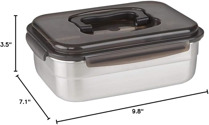 STENCOC Stainless Steel BPA Free Rectangular Leakproof Airtight Kimchi/Pickle / Food Storage Container Saver (2.5L / 85oz / 9.8") One Handle Half-Transparent Lid Stackable