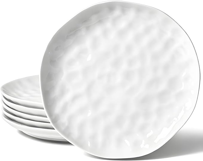 HOMBENE Dessert Pasta 8 Inches Set for 6, Sun-glitter Style, Salad Plates, Porcelain Round Shaped Dinner Plates for Kitchen, Porcelain Dinner, Microwave & Dishwasher Safe, White