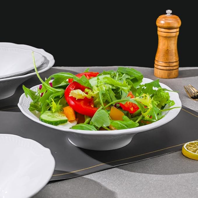 9 Inch Porcelain Salad Bowls Set of 4,Serving Bowls for Pasta Noodles Cereal Fruits Soup,White,Embossed,Heat Resistant,Scratch Resistant,Highly Glossy Glaze（Salad Bowl 9″）