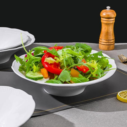 9 Inch Porcelain Salad Bowls Set of 4,Serving Bowls for Pasta Noodles Cereal Fruits Soup,White,Embossed,Heat Resistant,Scratch Resistant,Highly Glossy Glaze（Salad Bowl 9″）