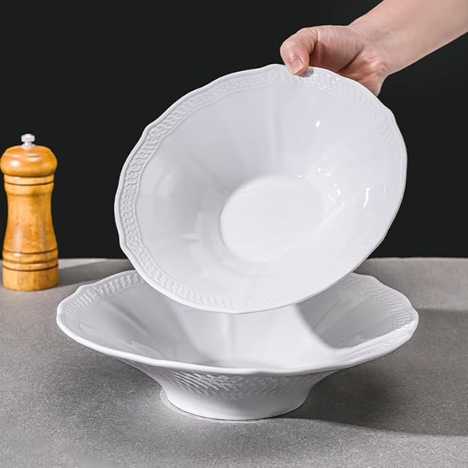 9 Inch Porcelain Salad Bowls Set of 4,Serving Bowls for Pasta Noodles Cereal Fruits Soup,White,Embossed,Heat Resistant,Scratch Resistant,Highly Glossy Glaze（Salad Bowl 9″）