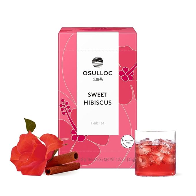 OSULLOC Sweet Hibiscus (Lemon & Cinnamon flavor), Decaffeinated Herbal tea, Relaxing Fruit Blended Hibiscus tea, Premium Tea bags from Jeju Island, 20 count, 1.27 oz