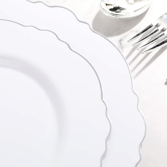 WDF 60pcs Silver Plastic Plates-Baroque White &Silver Plates for Upscale Parties &Wedding-including 30Plastic Dinner Plate 10.25inch, 30 Salad Plate 7.5inch for Baby/Shower/Wedding/Independence Day
