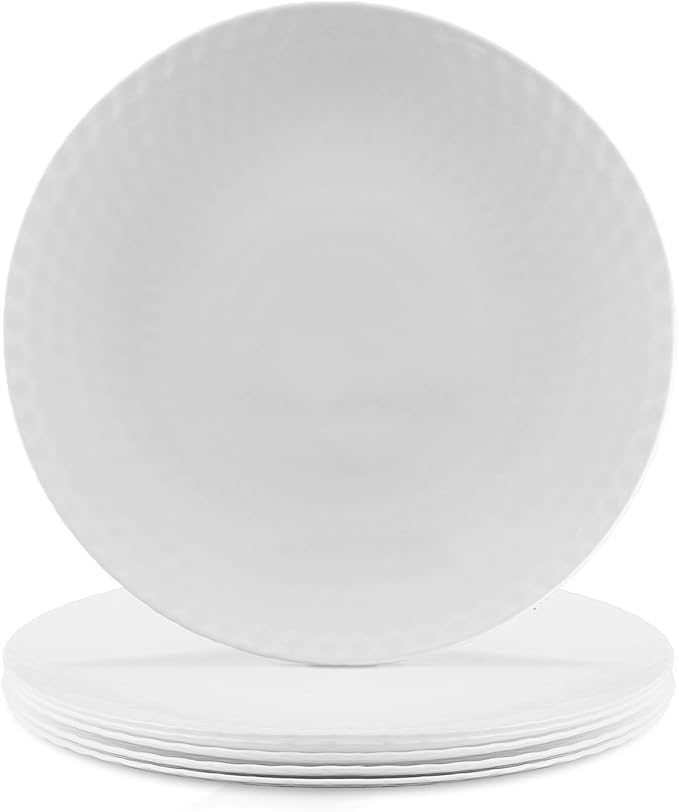 LaGlint 8.5 inch Salad Plate Set of 6, Opal Glass Round Geometric Faceted Small White Plates for Dessert, Kitchen, Dishwasher and Microwave Safe
