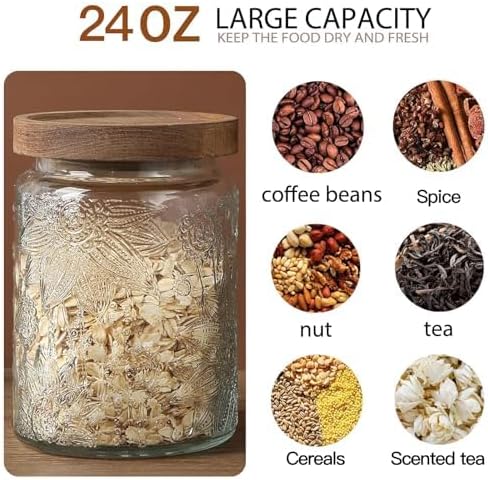 24 OZ Airtight Glass Storage Jar with Bamboo Lid - Vintage Glass Jar Vintage Food Containers Canisters Set for Kitchen Counter & Pantry - Ideal for Sugar, Flour, Coffee, Tea, Candy, Oats -3 Pack