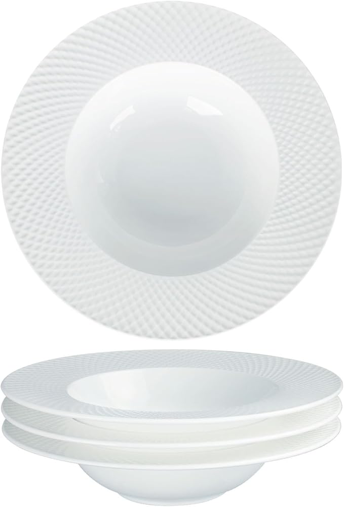 Ceramics Rimmed Soup Bowls 20.3 oz, White 11.1 inch Exquisite small soup plate Set of 4, Pasta plates With Rim is the best choice for hotels, kitchens, fine restaurants and gourmets