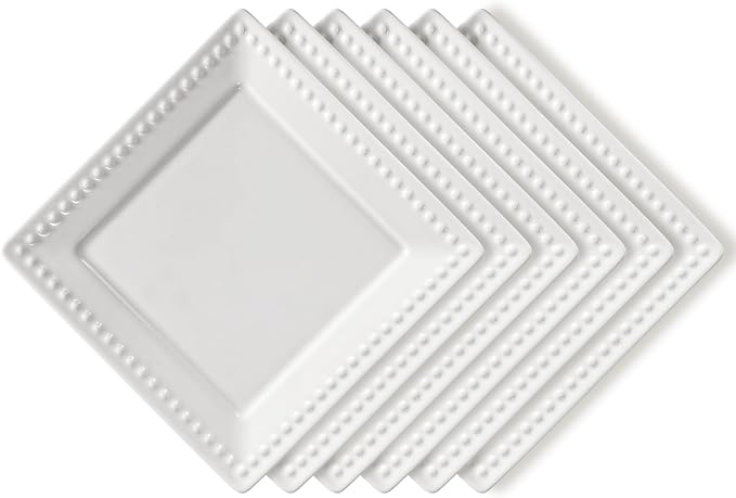 Embossed Ceramic Appetizer & Dessert Plates - Set of 6, 6 inch White Square Dinner Plates for Snack & Restaurant, Dishwasher & Microwave Safe