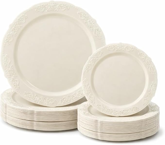 OCCASIONS 50 Piece Ivory Plastic Plates for 25 Guests - Heavy Duty Fancy Disposable Dinnerware Set, 25 Dinner & 25 Salad/Dessert, China-Like Look, BPA Free, Wedding Party (Portofino Plain Ivory)