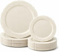 OCCASIONS 50 Piece Ivory Plastic Plates for 25 Guests - Heavy Duty Fancy Disposable Dinnerware Set, 25 Dinner & 25 Salad/Dessert, China-Like Look, BPA Free, Wedding Party (Portofino Plain Ivory)