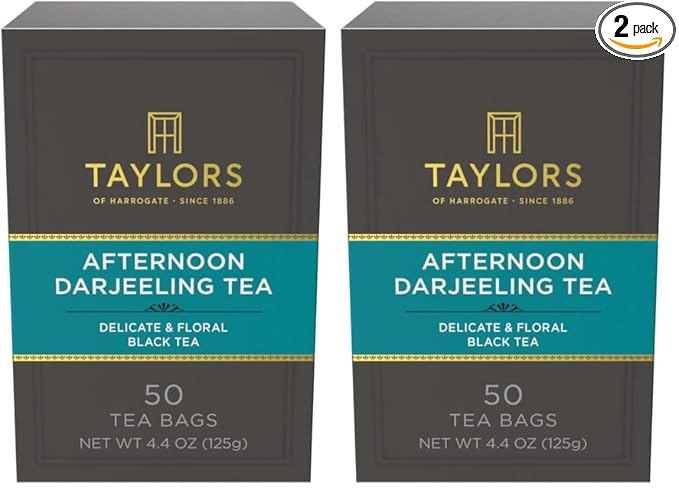 Taylors of Harrogate Afternoon Darjeeling, Black Tea, Pillow Bags 50 Count, Delicate, Sweet & Floral, Caffeinated, Enjoy Hot or Iced, 50 Teabags (Pack of 2)