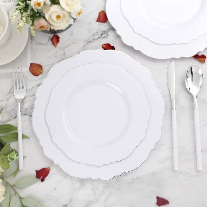 WDF 60pcs Silver Plastic Plates-Baroque White &Silver Plates for Upscale Parties &Wedding-including 30Plastic Dinner Plate 10.25inch, 30 Salad Plate 7.5inch for Baby/Shower/Wedding/Independence Day