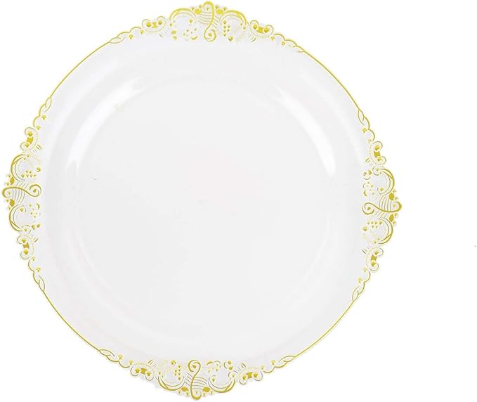 Efavormart 10 Pack | 10" Clear and Gold Baroque Dinner Plates, Leaf Embossed Metallic Rim Shatterproof Serving Plates for Modern Wedding Receptions
