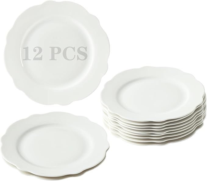 7.5 Inch Porcelain Small Dinner Plates Set of 12, White Leave Wave Rim Appetizer Plates, Dessert Salad Plates, Ceramic Serving Dishes for Cake, Snack, Ice Cream, Waffles, Microwave, Dishwasher Safe
