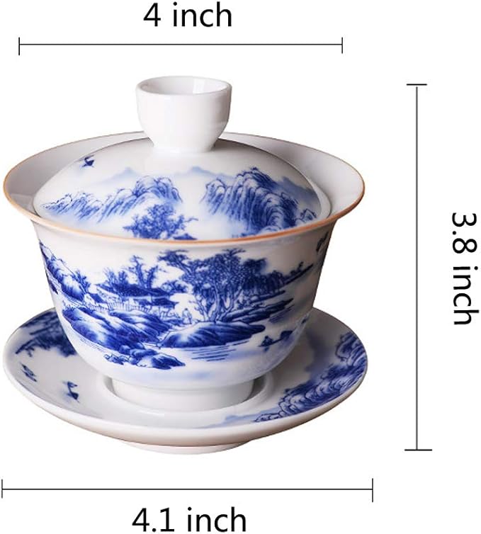 Jingdezhen Chinese Gaiwan Handmade 6.3oz/180ml Mountain Style China Blue and White Porcelain Gaiwan Kungfu Teacup Traditional Chinese Teaware Tea Set