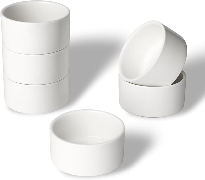 2 oz Mini Porcelain Ramekins Set of 6, Small Ceramics Souffle Dish, Exactly Designed for Dipping Sauce, Ketchup, Salsa and Jams, 60ml White