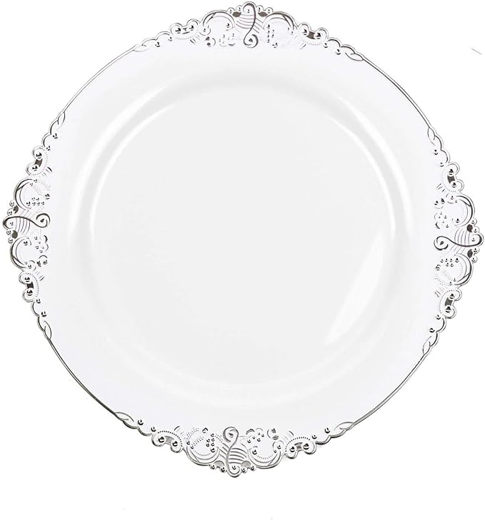 Efavormart 10 Pack | 10" White and Silver Baroque Dinner Plates, Leaf Embossed Metallic Rim Heavy Duty Serving Plates for Military Galas and Formal Events
