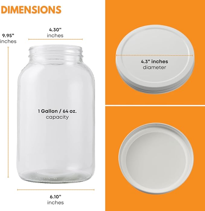 FastRack - 1 Gallon Jar with White METAL Airtight Lid | Glass Canisters with Airtight Lids | Large Glass Jar with Fermentation Lid for brewing, fermentation and pickling