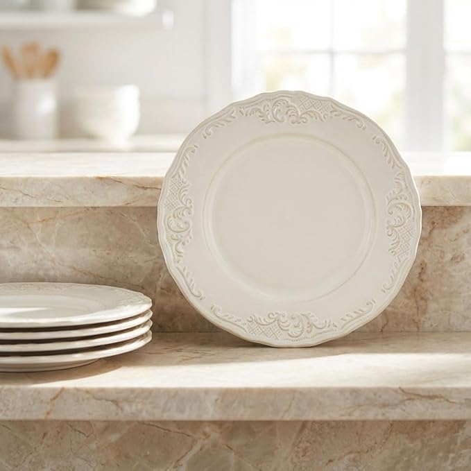 Ceramic dinner plate set (4 pieces), ceramic dinner plates, embossed salad plates, Kitchen Porcelain Serving Dishes, microwave/oven/dishwasher safe, scratch-resistant.