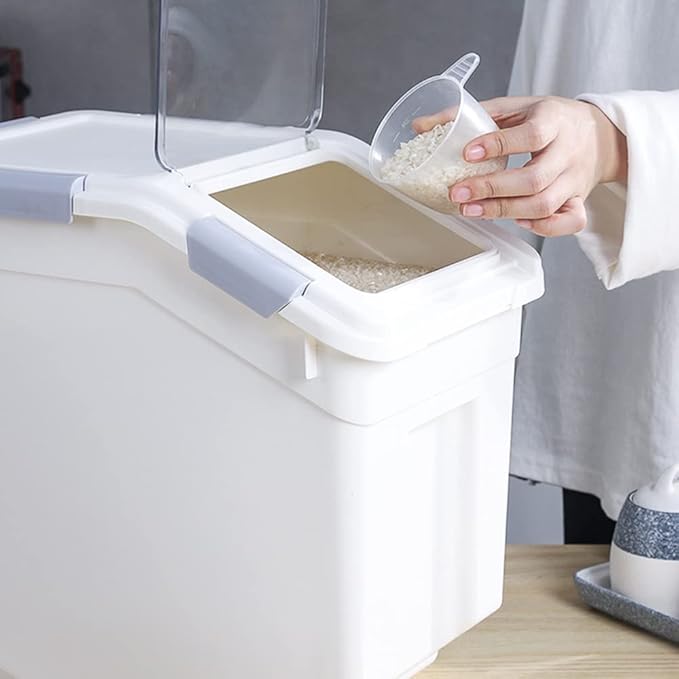 Airtight Flour Storage Container 25 lb Rice Storage Container with Wheels Seal Locking Lid, Food Containers with Measuring Cup& Scoop for Flour, Rice, Grain, Gray, 2Pack