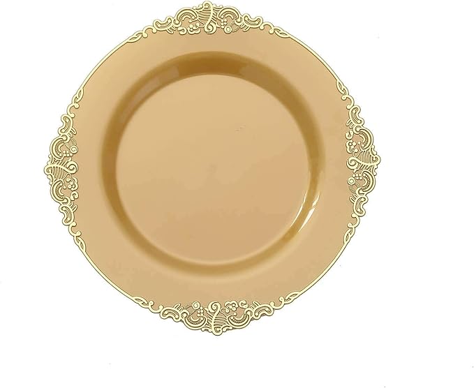 Efavormart 10 Pack | 8" All-Gold Baroque Dessert Plates, Leaf Embossed Metallic Rim Heavy Duty Appetizer Plates for Royal Anniversary Celebrations