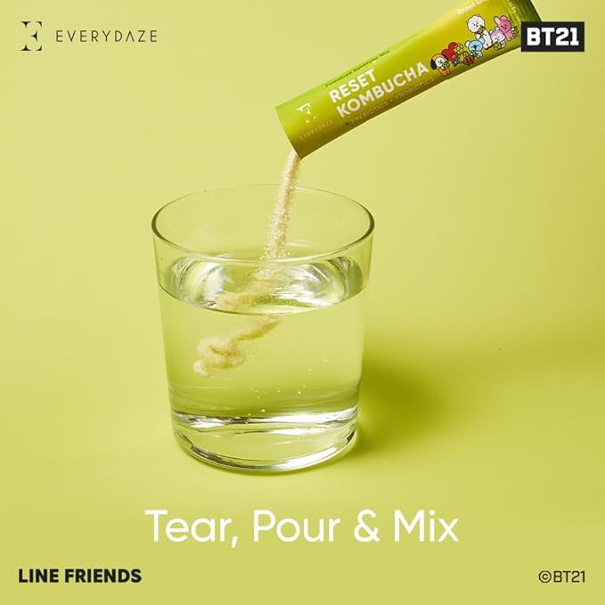 Everydaze BT21 Reset Kombucha Tea Powdered Beverage Mix | 10 Sticks | Prebiotics + Probiotics | Vegan | No Added Sugar, Gluten Free, Sparkling Powder Drink Pack (Green Grape) (Pack of 2)