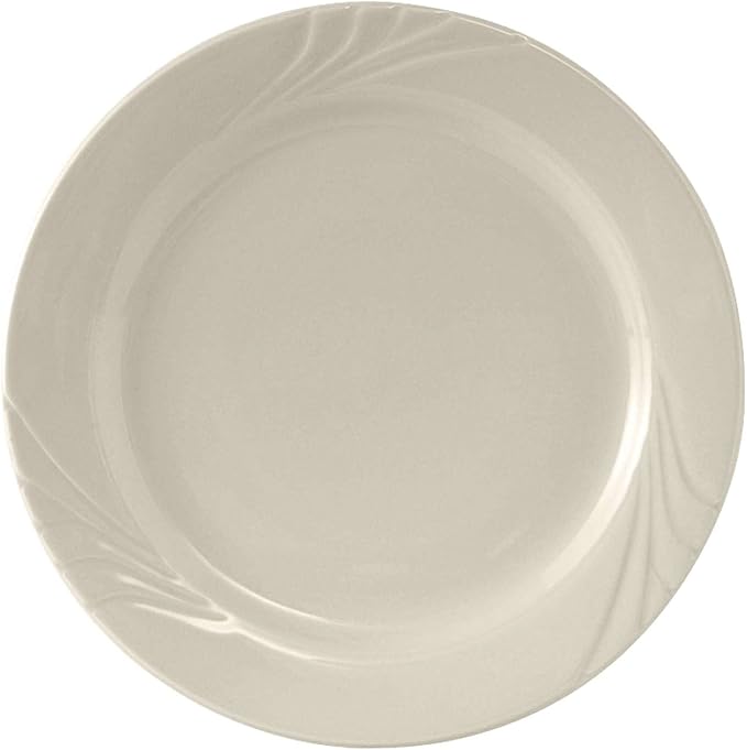 Tuxton China YEA-102 Plate, 10-1/4" Diameter, Round, Wide Rim, Embossed, Microwave and Dishwasher Safe, Oven Proof, Fully Vitrified, Ceramic, TuxCare, Healthcare, Monterey, Pack of 12