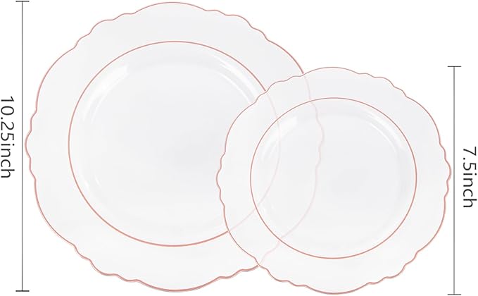 WDF 100pcs Rose Gold Plates Plastic Disposable - Baroque Clear and Rose Gold Plates for Mother's Day, Parties or Weddings including 50PCS Dinner Plates 10.25’’ and 50PCS Salad Plates 7.5’’