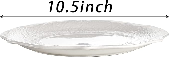 SOUJOY Set of 6 Porcelain Dinner Plate, 10.5'' White Dinner Dish, Embossed Printing Dinnerware Plate for Dinner, Restaurant, Family Party and Kitchen, Microwave, Dishwasher Safe