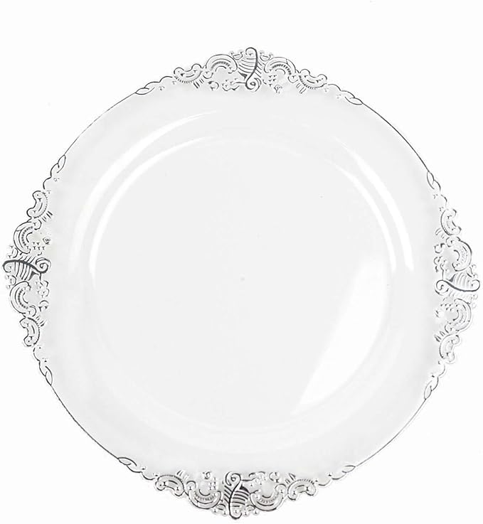 Efavormart 10 Pack | 10" Clear and Silver Baroque Dinner Plates, Leaf Embossed Metallic Rim Shatterproof Serving Plates for Anniversary Celebrations