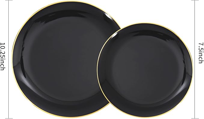 KIRE 100PCS Black and Gold Plates - Black Plastic Plates Disposable with Gold Rim Include 50Pcs 10.25inch Dinner Plate and 50Pcs 7.5inch Dessert/Salad Plate for Party/Wedding/Graduation/Father's Day