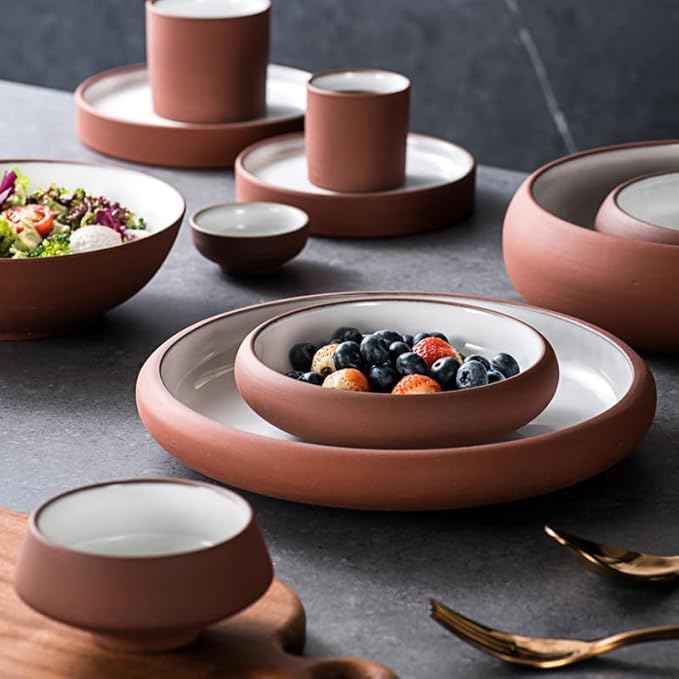 Uaral Japanese Salad Plate,Dinner Plates and Bowls Set,Stoneware Appetizer Plates with Rustic Terracotta Underside, Set of 4,5.5inch,14oz(Red and White)