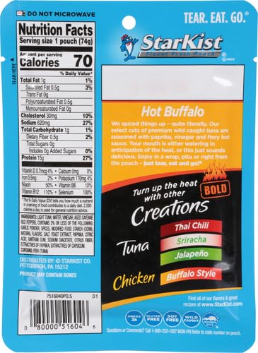 StarKist Tuna Creations BOLD Hot Buffalo Pouch (2.6 oz) Wild Caught, High Protein Shelf Stable Seafood, Gluten Free, No Draining, Ready to Eat for Salads and Sandwiches (Pack of 5)