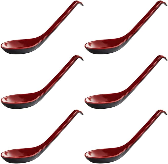 6 Pack - Red and Black 6.5-inch Asian Soup Spoon with Hook– Fuji Chinese Japanese Korean Style Spoon, Perfect for Melamine Won Ton Rice Pho Soba & Ramen Noodle Soups