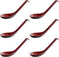 6 Pack - Red and Black 6.5-inch Asian Soup Spoon with Hook– Fuji Chinese Japanese Korean Style Spoon, Perfect for Melamine Won Ton Rice Pho Soba & Ramen Noodle Soups
