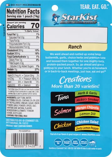 StarKist Tuna Creations Ranch Pouch (2.6 oz - 2 Pack) Wild Caught, High Protein Shelf Stable Seafood, Gluten Free, Soy Free, No Draining, Ready to Eat for Salads and Sandwiches