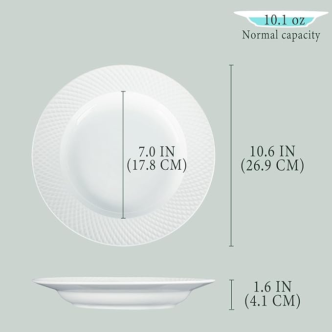 Ceramic soup bowl set of 4,10.1 ounce shallow bowl,White Dinner Bowls Plates,Porcelain wide-rimmed salad plate,Suitable for salads and pasta,Microwave and dishwasher safety