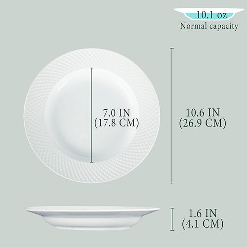 Ceramic soup bowl set of 4,10.1 ounce shallow bowl,White Dinner Bowls Plates,Porcelain wide-rimmed salad plate,Suitable for salads and pasta,Microwave and dishwasher safety