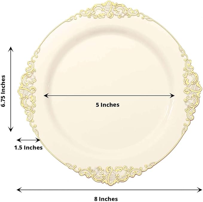 Efavormart 10 Pack | 8" Ivory and Gold Baroque Dessert Plates, Leaf Embossed Metallic Rim Heavy Duty Appetizer Plates for Vintage Shabby Chic Events