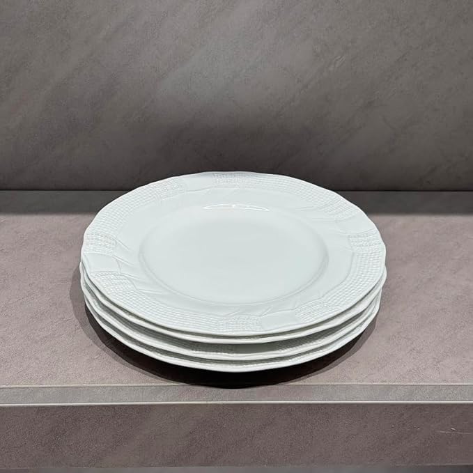 10 Inch Porcelain Dinner Plates Set of 4,Serving Dishes,White,Embossed,Heat Resistant,Scratch Resistant,Highly Glossy Glaze,Dishwasher safe,Microwave safe (Modern 10'')