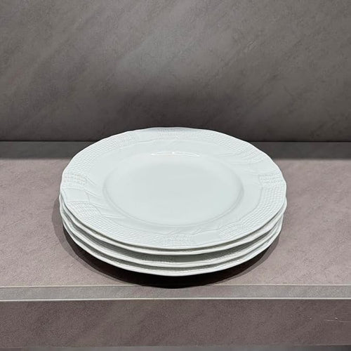 10 Inch Porcelain Dinner Plates Set of 4,Serving Dishes,White,Embossed,Heat Resistant,Scratch Resistant,Highly Glossy Glaze,Dishwasher safe,Microwave safe (Modern 10'')