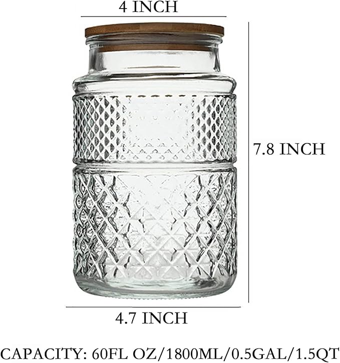 60 FL OZ Large Glass Storage Jar with Airtight Bamboo Wooden Lid - Food Storage Container for Candy, Snack, Coffee, Tea, Nuts, Cereal, Vintage Kitchen Containers