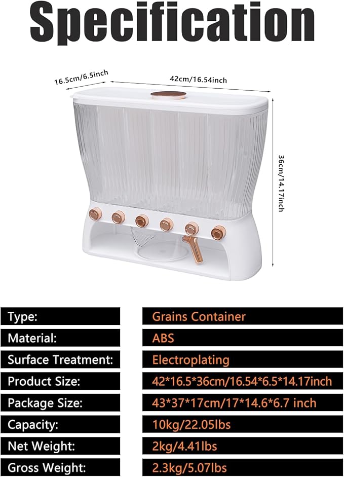 6 Grids Rice & Grain Storage Container 22.05 Pounds Rice Dispenser Food Dispenser Grain Dispenser One-Button Pressing Storage Bucket for Grains Snacks Candy Coffee Beans Dog (White)