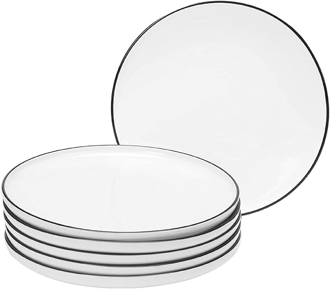 8 Inch Porcelain Lunch Plates, White with Black Edges Dessert Plate, Classic Round Serving Plate for Steak, Pasta and Salad, Set of 6
