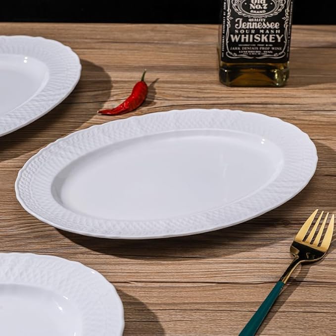 10.5 Inch Porcelain Oval Platters Set of 4,Serving Plates,White,Embossed,Heat Resistant,Scratch Resistant,Highly Glossy Glaze,Dishwasher safe,Microwave safe (Moonshine Oval 10.5'')